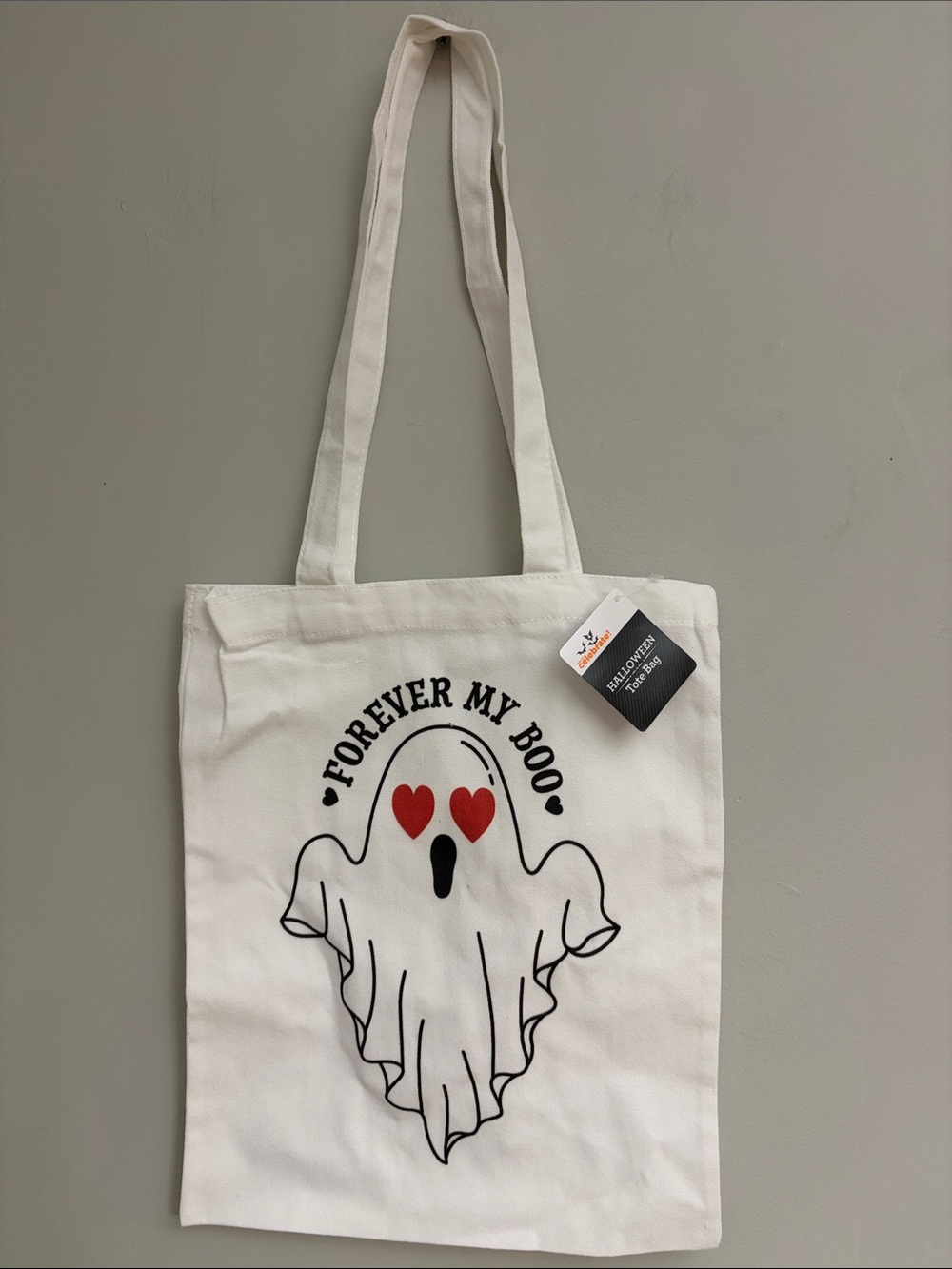 Celebrate It White Halloween Tote Bag with Heart-Eye Ghost Graphic